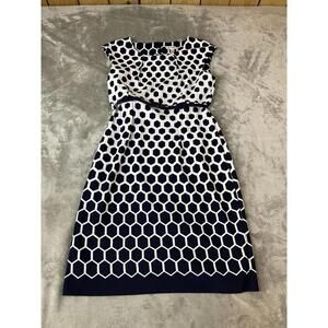 Dressbarn Dress Polka Dots WMs Sz 14 Blue White Geometric Belted !!